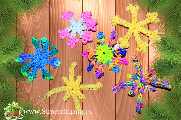 плетение красивых новогодних снежинок из резиночек